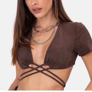 Adika Brown Suede Tie Crop Top — Size Small